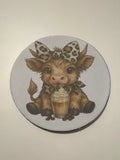 Highland Cow Coaster, Coffee Lover Gift, Cute Cow Kitchen Decor, Leopard Print Highland Cow Gift