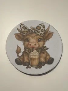 Highland Cow Coaster, Coffee Lover Gift, Cute Cow Kitchen Decor, Leopard Print Highland Cow Gift