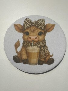 Highland Cow Coaster | Coffee Lover Gift | Cute Cow Kitchen Decor | Leopard Print Coaster