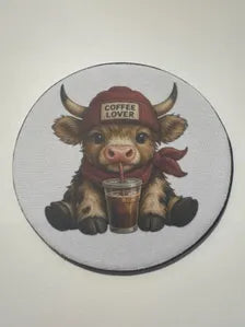 Highland Cow Coaster | Coffee Lover Gift | Cute Cow Drinks Coaster | Round 10cm Coaster | Scottish Cow Kitchen Décor