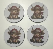 Highland Cow Coaster | Coffee Lover Gift | Cute Cow Drinks Coaster | Round 10cm Coaster | Scottish Cow Kitchen Décor